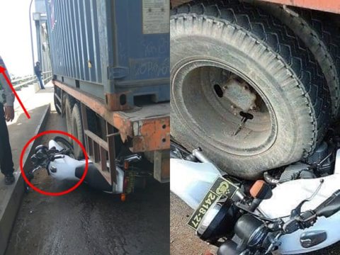 aksi-heroik-polisi-korbankan-motornya-untuk-tahan-truk-rem-blong